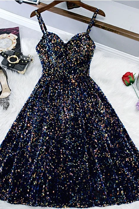 Glitter Spaghetti Straps Cute Short Prom Dresses Tight Tea Length Homecoming Dresses Tunics Trendy modern