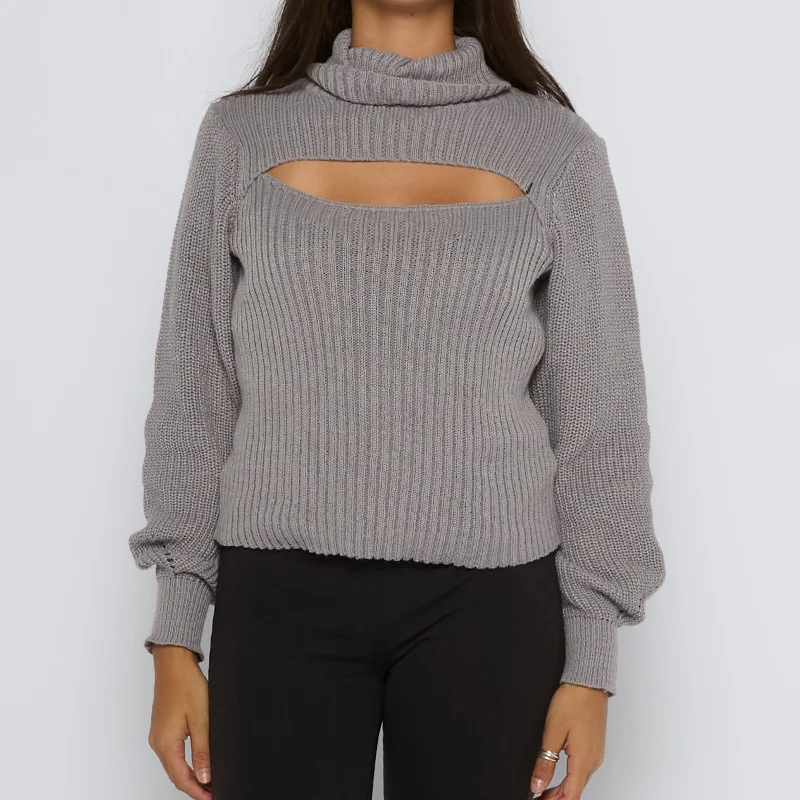 Ribbed Roll Neck Cut Out Sweater - UK 8 Spandex Rayon Corduroy