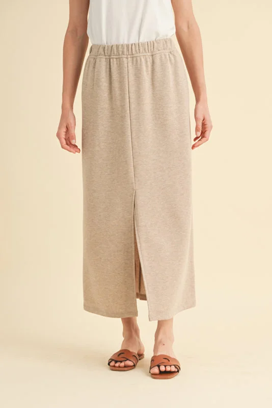 French Terry Midi Skirt with Front Slit-Mocha chiffon skirt airy