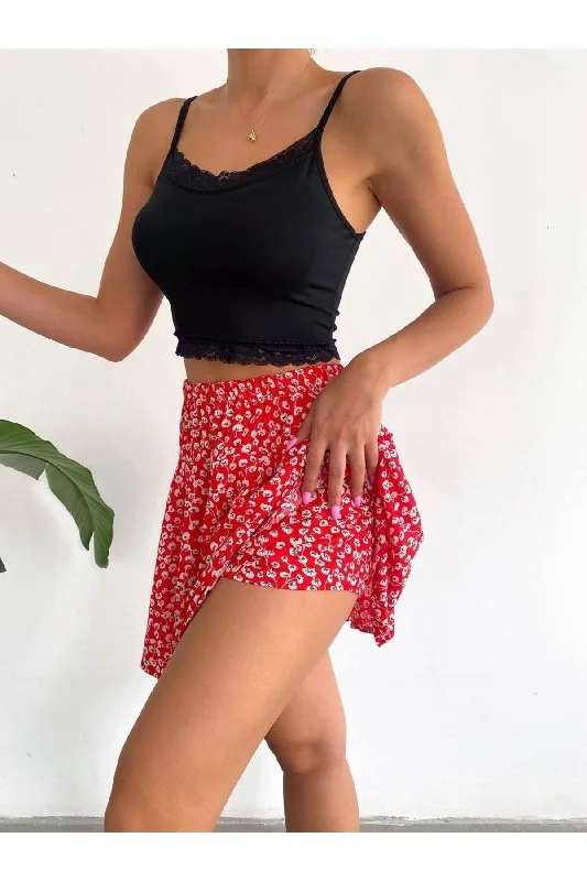 Flower Patterned Red Short Skirt breathable skirt fabric