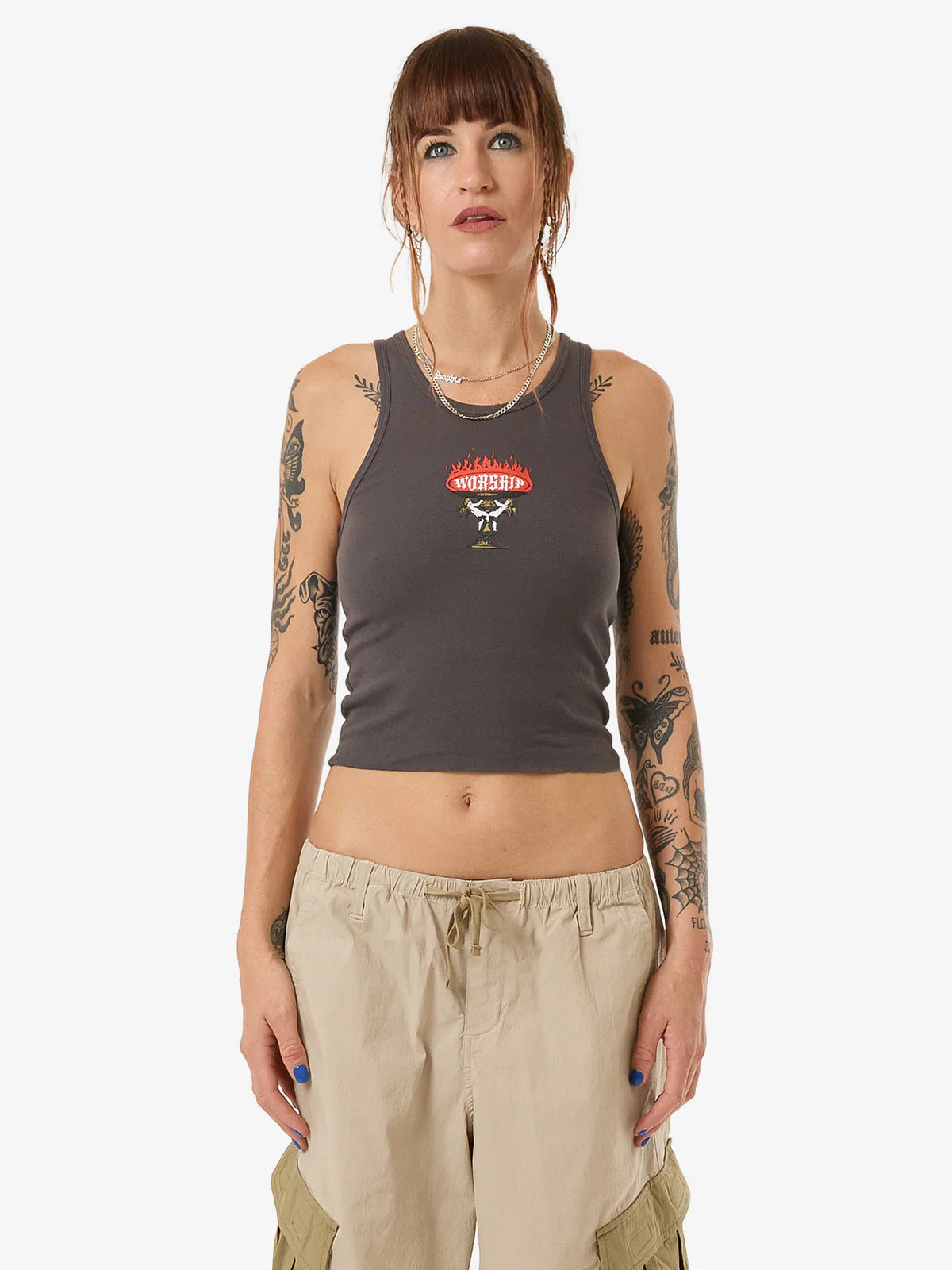 WORSHIP Chalice Racer Womens Tank - Worn Black lounge tank top