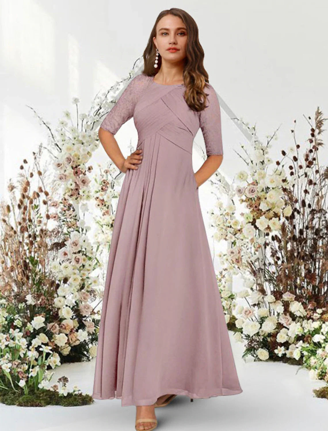 A-Line Evening Gown Elegant Dress Wedding Guest Formal Evening Floor Length Half Sleeve Jewel Neck Chiffon with Pleats Ruched Crew Neckline Casual A-Line Evening Gown Elegant Dress Wedding Guest Formal Evening Floor Length Half Sleeve Jewel Neck Chiffon with Pleats Ruched Crew Neckline Casual