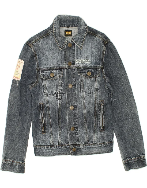 YELL! Womens Graphic Denim Jacket UK 12 Medium Blue Cotton Chenille Fabric Brocade Fabric Lace Fabric YELL! Womens Graphic Denim Jacket UK 12 Medium Blue Cotton Chenille Fabric Brocade Fabric Lace Fabric