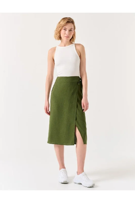 Khaki Regular Waist Slit Midi Linen Skirt lightweight skirt design