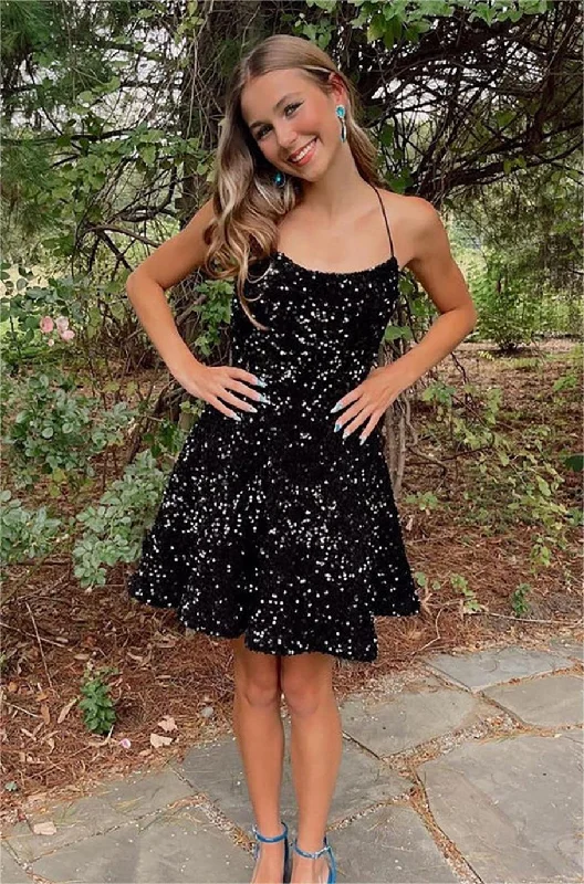 Charming Black A Line Sequins Short Homecoming Dresses Tunics Bridal satin