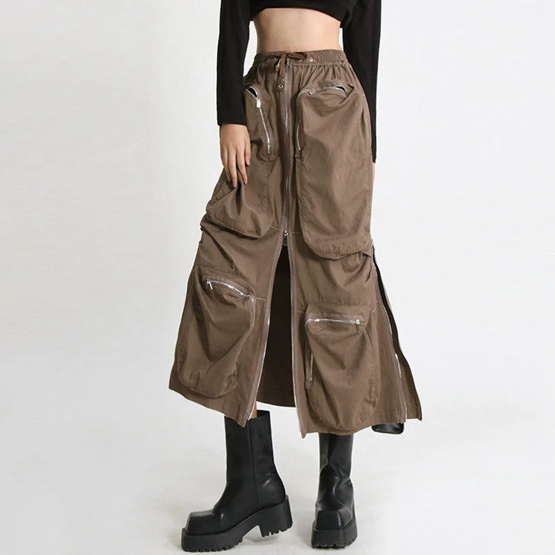 Cool High Rise Drawstring Front Zip Patch Pocket Cargo Midi Skirt - Coffee high slit skirt