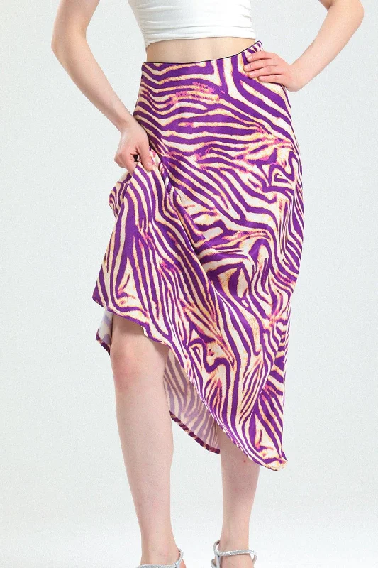 Zebra Pattern Viscose Satin Midi Skirt - Purple corduroy skirt cozy