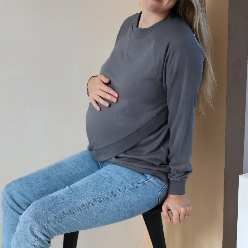 Maternity Sweatshirt - Charcoal Hoodie with Cropped Fit Short Trendy