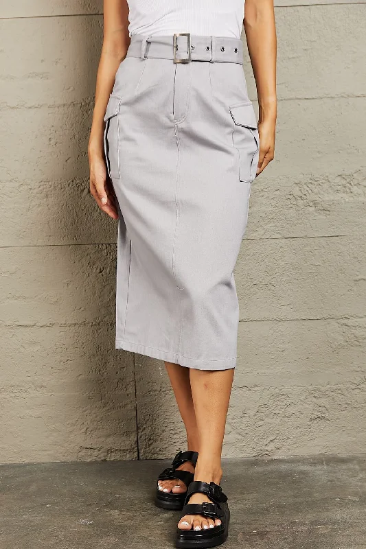 HYFVE Professional Light Gray Buckled Cotton Midi Skirt with Pockets breathable skirt fabric