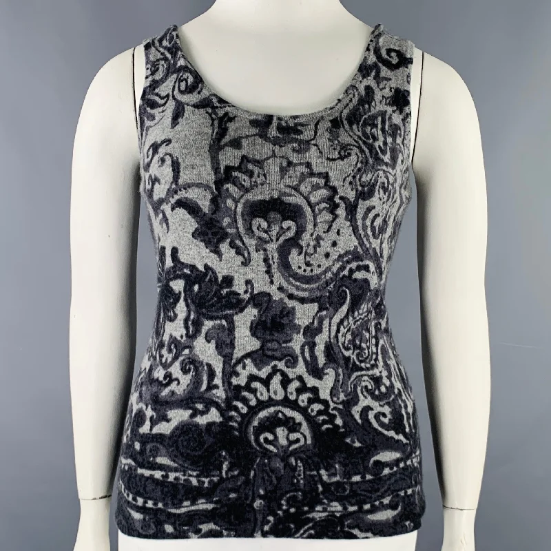 NEIMAN MARCUS Size L Grey Charcoal Cashmere Paisley Tank Casual Top basic tank top