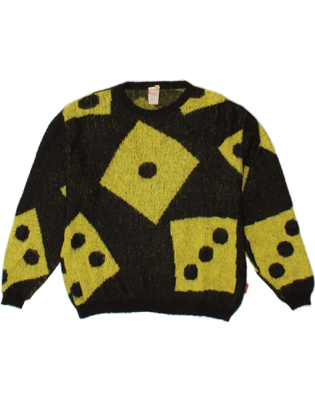 FIORUCCI Womens Crew Neck Jumper Sweater UK 14 Medium Black Geometric Ribbed Striped Patterned