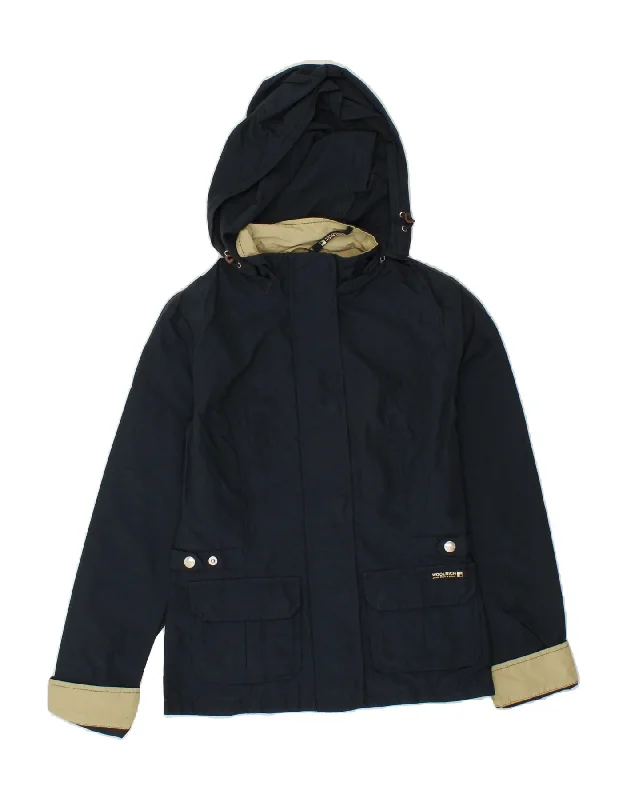 WOOLRICH Womens Hooded Rain Jacket UK 10 Small Navy Blue Nylon Belted Jacket Elasticated Jacket Padded Jacket