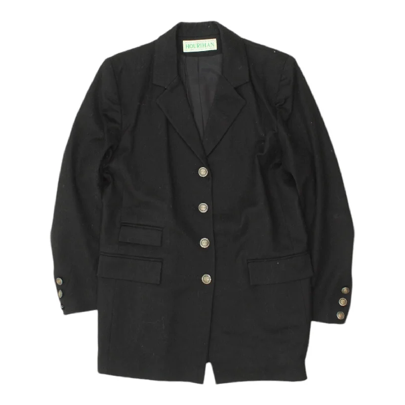 Jimmy Hourihan Womens Long Black Wool Cashmere Blazer Jacket | Vintage Designer Notch Collar Peter Pan Collar Cowl Neck Jimmy Hourihan Womens Long Black Wool Cashmere Blazer Jacket | Vintage Designer Notch Collar Peter Pan Collar Cowl Neck