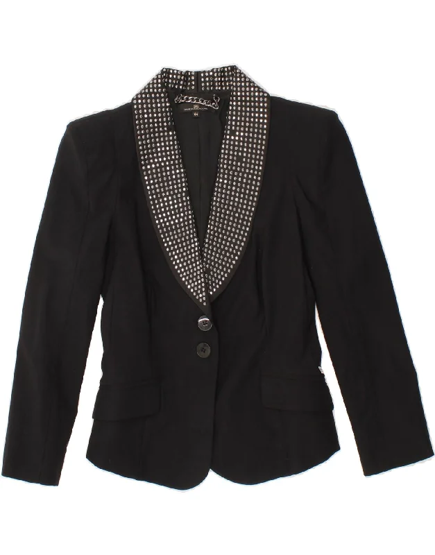 ELISABETTA FRANCHI Womens Crop 2 Button Blazer Jacket IT 44 Medium Black Tailored Jacket Straight Jacket A-Line Jacket