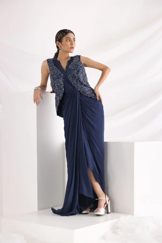 Smriti Apparel's Midnight blue drape Gowns with jacket - Rent Mesh Jacket Canvas Jacket Denim Jacket