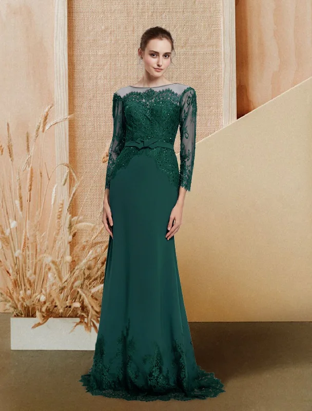Mermaid / Trumpet Evening Gown Luxurious Dress Wedding Guest Engagement Sweep / Brush Train Long Sleeve Jewel Neck Chiffon with Bow(s) Sequin Appliques Tunics Corduroy durable Mermaid / Trumpet Evening Gown Luxurious Dress Wedding Guest Engagement Sweep / Brush Train Long Sleeve Jewel Neck Chiffon with Bow(s) Sequin Appliques Tunics Corduroy durable