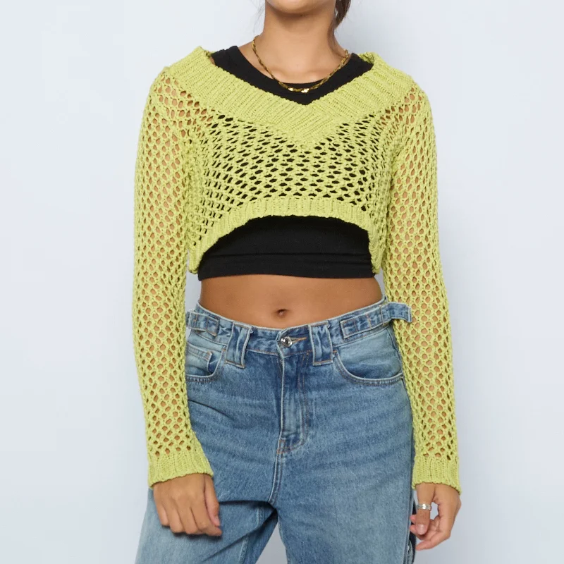 Crochet V-Neck Crop Sweater - XS Herringbone Houndstooth Plaid