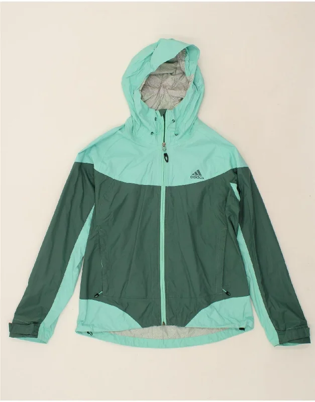 ADIDAS Womens Hooded Rain Jacket UK 16 Large Green Colourblock Front Pockets Side Pockets Patch Pockets