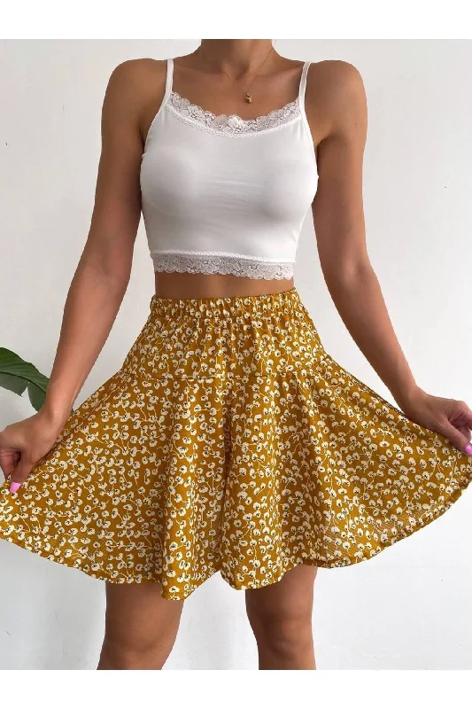 Flower Patterned Yellow Short Skirt casual skirt length