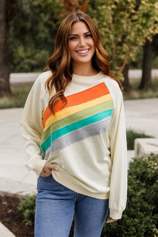 Rainbow Sweatshirt - Cream Hoodie with Raw Hem Edgy Unfinished