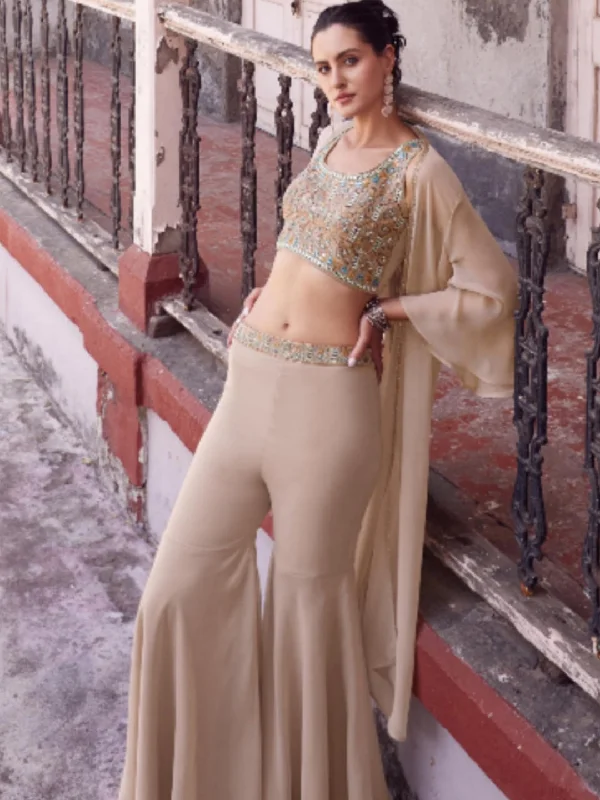 Tan Cream Embellished Crop Top And Palazzo Set With Jacket - Rent Bomber Jacket Anorak Windbreaker Tan Cream Embellished Crop Top And Palazzo Set With Jacket - Rent Bomber Jacket Anorak Windbreaker