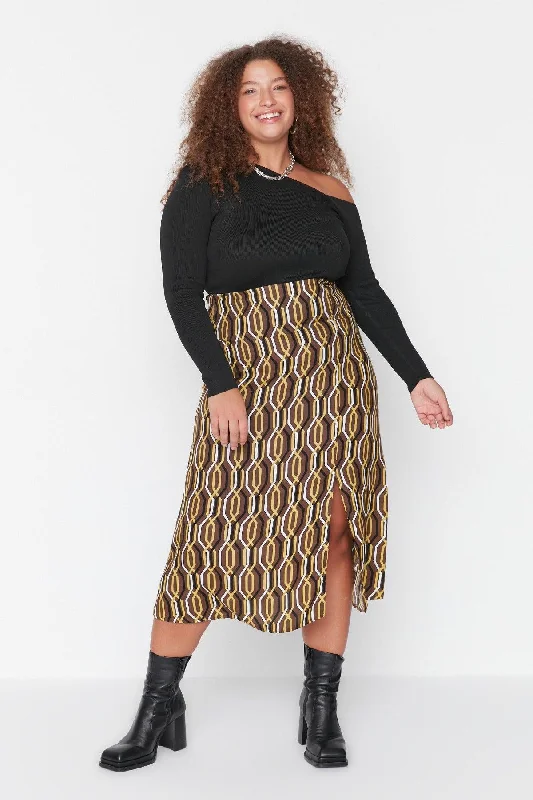 Brown Retro Patterned Slit Viscose Woven Skirt TBBAW23AZ00032 cashmere skirt fine