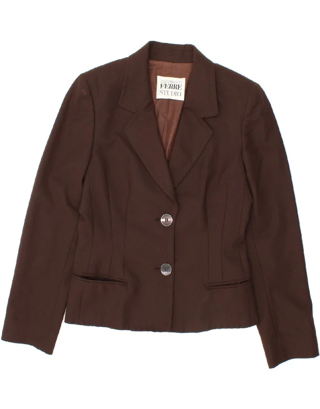 GIANFRANCO FERRE Womens 2 Button Blazer Jacket UK 12 Medium Brown Satin Fabric Silk Fabric Chiffon Fabric