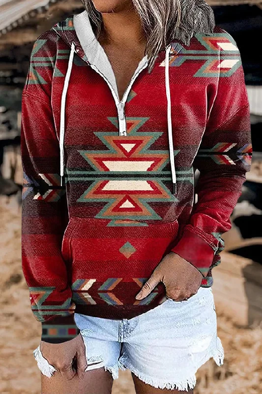 Vintage Western Print Hoodie Hoodie with Hem Embroidery Detailed Premium