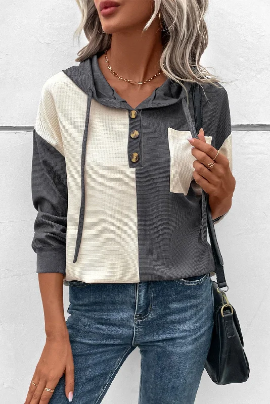 Thermal Button Hoodie - Gray and Ivory Hoodie with Oversized Fit Loose Comfortable