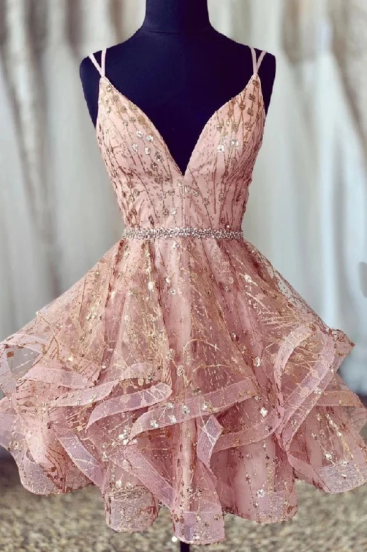 Cute Sequins Pink Homecoming Dresses V-neck Beaded Short Prom Dresses A-Line Day Work Cute Sequins Pink Homecoming Dresses V-neck Beaded Short Prom Dresses A-Line Day Work