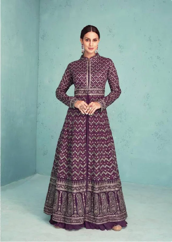 Classy Purple Colored full embroidery Anarkali Jacket Set - Rent Welt Pockets Slit Pockets Flap Pockets