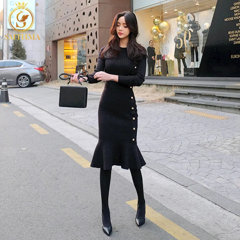 SMTHMA Winter Black Knitted Dress for Women Bodycon Dress Long Sleeve Elegant Button Warm Trumpet Mermaid Sweater Dress Female Mesh Fabric Canvas Fabric Denim Fabric SMTHMA Winter Black Knitted Dress for Women Bodycon Dress Long Sleeve Elegant Button Warm Trumpet Mermaid Sweater Dress Female Mesh Fabric Canvas Fabric Denim Fabric