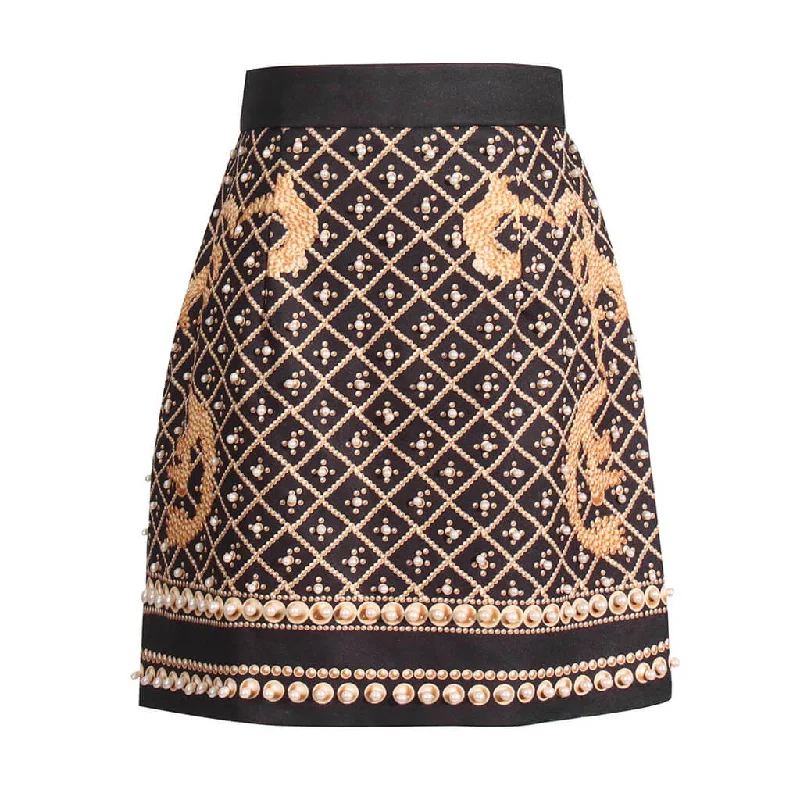 Vintage Imitated Pearl Baroque Print High Waist A Line Mini Skirt velvet skirt sumptuous