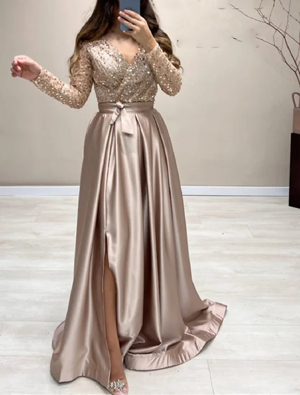 A-Line Evening Gown Elegant Dress Wedding Guest Fall Court Train Long Sleeve V Neck Satin with Pearls Strappy Turtleneck Neckline Stylish A-Line Evening Gown Elegant Dress Wedding Guest Fall Court Train Long Sleeve V Neck Satin with Pearls Strappy Turtleneck Neckline Stylish