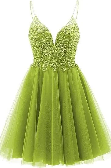 A-line Straps Appliques Tulle Short Homecoming Dress Tunics Prom sequined