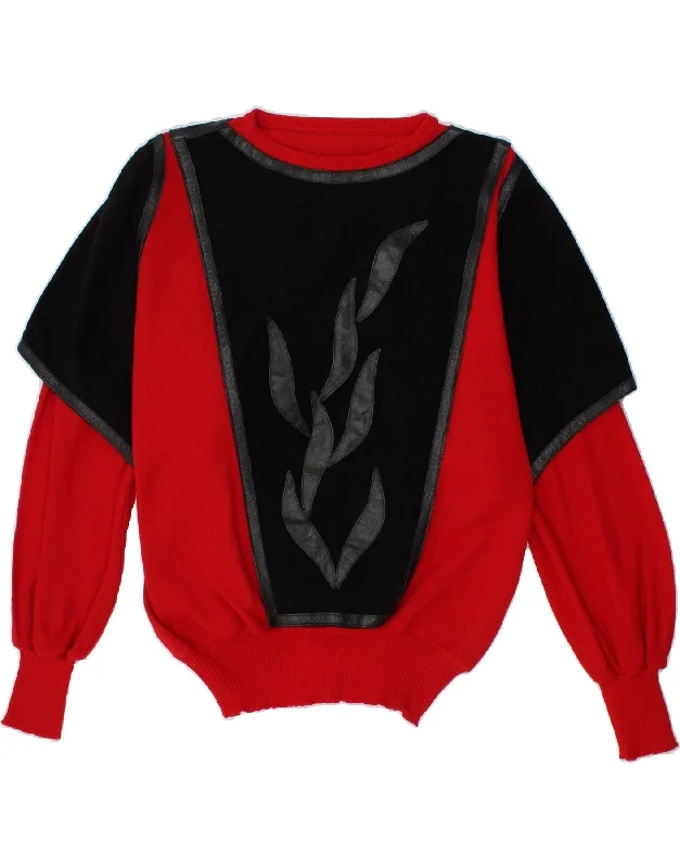VINTAGE Womens Leather Graphic Boat Neck Jumper Sweater UK 16 Large Red Welt Pockets Slit Pockets Flap Pockets VINTAGE Womens Leather Graphic Boat Neck Jumper Sweater UK 16 Large Red Welt Pockets Slit Pockets Flap Pockets