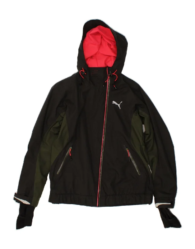 PUMA Womens Hooded Windbreaker Jacket UK 12 Medium Black Colourblock Print Jacket Jacquard Jacket Patchwork Jacket PUMA Womens Hooded Windbreaker Jacket UK 12 Medium Black Colourblock Print Jacket Jacquard Jacket Patchwork Jacket