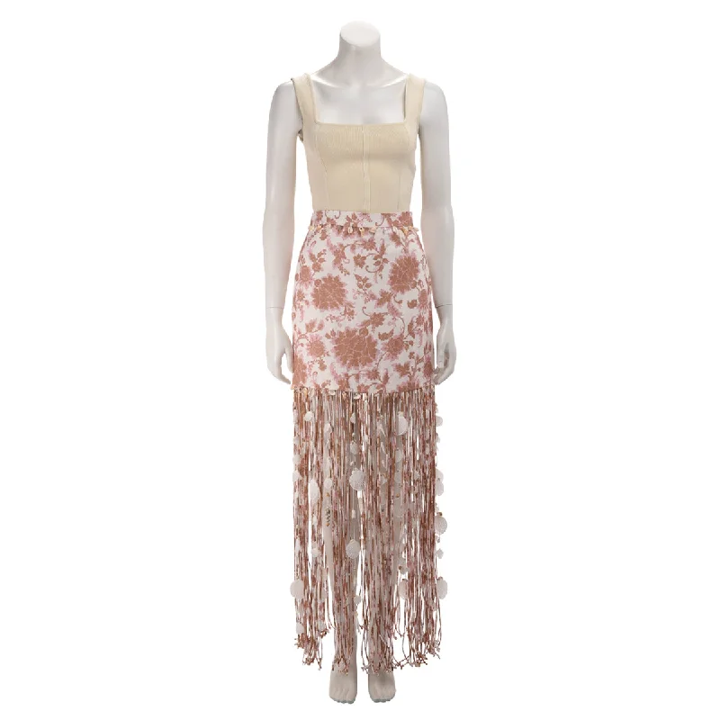 Zimmermann Tan Tonal Floral Postcard Fringed Skirt 0 flowy skirt hem