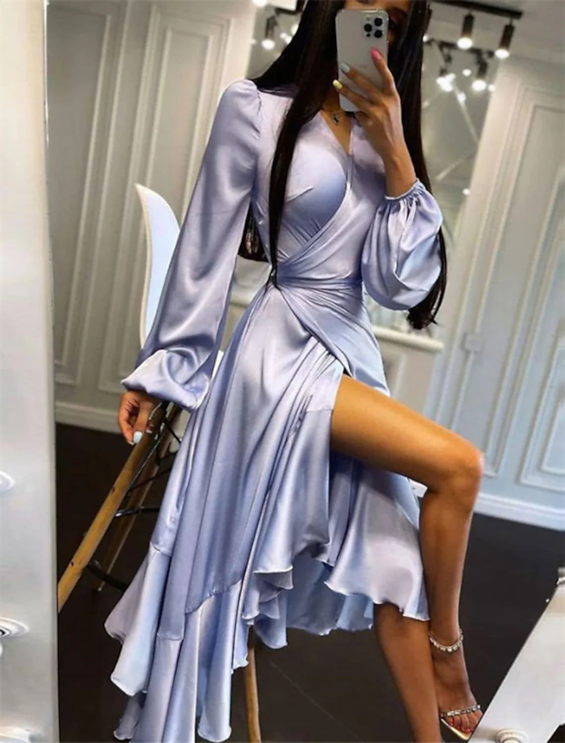 A-Line Wedding Guest Dresses High Low Dress Party Wear Semi Formal Asymmetrical Long Sleeve V Neck Satin with Ruffles Pure Color Tunics Top rated A-Line Wedding Guest Dresses High Low Dress Party Wear Semi Formal Asymmetrical Long Sleeve V Neck Satin with Ruffles Pure Color Tunics Top rated