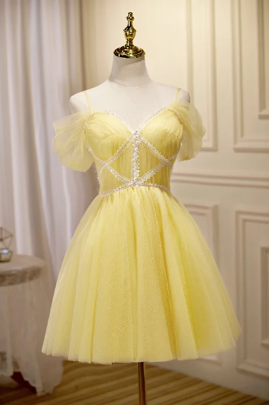 Cute Yellow Spaghetti Straps Off The Shoulder Tulle Short Homecoming Dresses Tunics Chinos classic