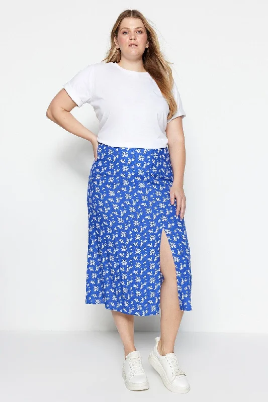Blue Floral Patterned Woven Slit Viscose Skirt TBBAW23AZ00032 leather skirt modern
