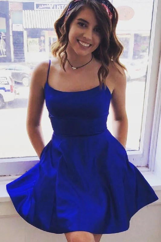 Simple Satin Royal Blue Short Homecoming Dresses With Pockets Tunics Sophisticated sleek