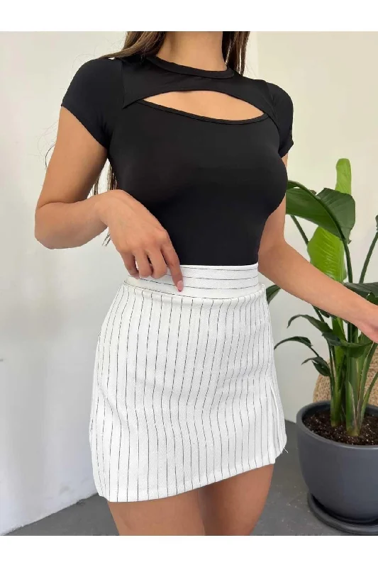 Women's White Striped Flexible Shorts Skirt satin skirt smooth
