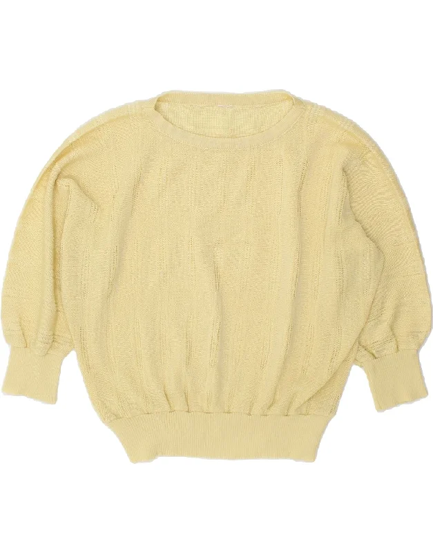 VINTAGE Womens Boat Neck Jumper Sweater UK 16 Large Yellow Mesh Blend Leather Blend Suede Blend VINTAGE Womens Boat Neck Jumper Sweater UK 16 Large Yellow Mesh Blend Leather Blend Suede Blend