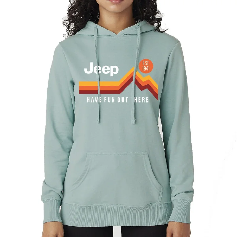 Ladies Jeep® Have Fun Out There French Terry Hoodie - Seafoam Green Hoodie with Hem Patch Decorative Personalized Ladies Jeep® Have Fun Out There French Terry Hoodie - Seafoam Green Hoodie with Hem Patch Decorative Personalized
