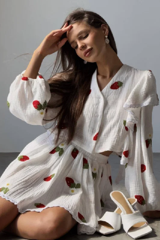 Ruffled Strawberry Print Skirt Set flowy skirt hem