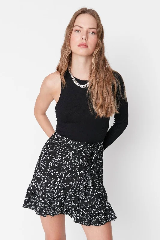 Black Printed Ruffle High Waist Mini Stretch Knitted Skirt TWOSS21ET0010 mini skirt trendy
