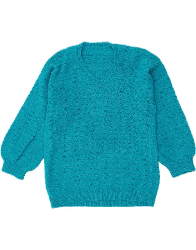 VINTAGE Womens V-Neck Jumper Sweater UK 14 Large Blue Cable Knit Ribbed Knit Lace Knit VINTAGE Womens V-Neck Jumper Sweater UK 14 Large Blue Cable Knit Ribbed Knit Lace Knit