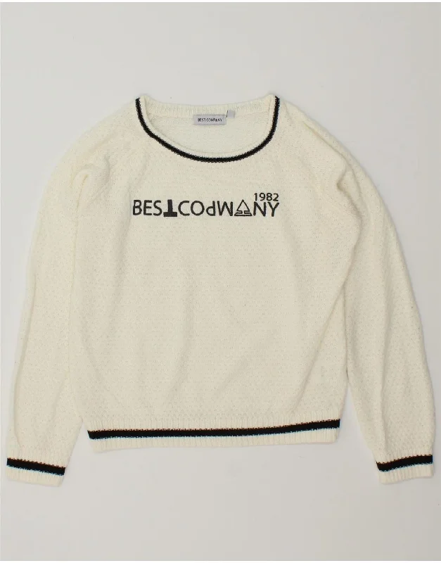BEST COMPANY Womens Graphic Boat Neck Jumper Sweater UK 10 Small White Velvet Chenille Corduroy BEST COMPANY Womens Graphic Boat Neck Jumper Sweater UK 10 Small White Velvet Chenille Corduroy