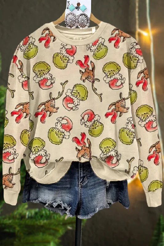 Casual Grinch Christmas Print Sweatshirt Hoodie with Patch Decorative Personalized